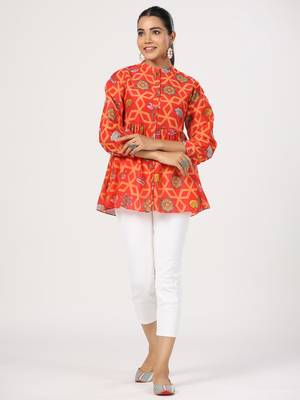 Red block print front button cotton silk blend waist length top 1