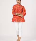 Red block print front button cotton silk blend waist length top