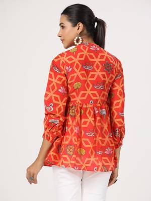Red block print front button cotton silk blend waist length top 2