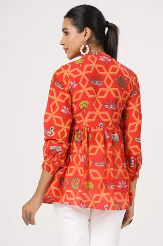 Red block print front button cotton silk blend waist length top