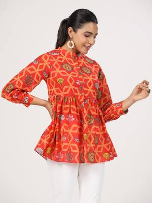 Red block print front button cotton silk blend waist length top 3