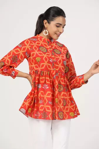 Red block print front button cotton silk blend waist length top