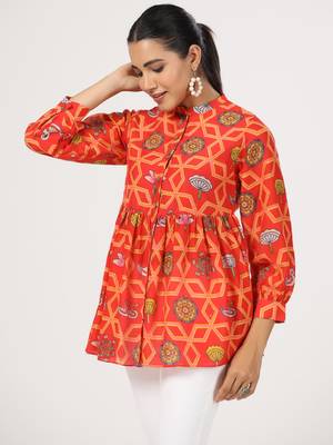 Red block print front button cotton silk blend waist length top 4