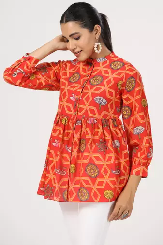 Red block print front button cotton silk blend waist length top