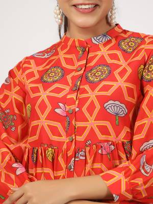 Red block print front button cotton silk blend waist length top 5