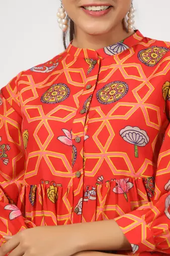 Red block print front button cotton silk blend waist length top