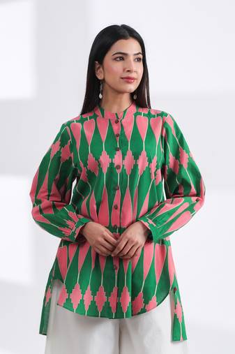 Casual mandarin collar green pink printed cotton shirt