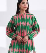 Casual mandarin collar green pink printed cotton shirt