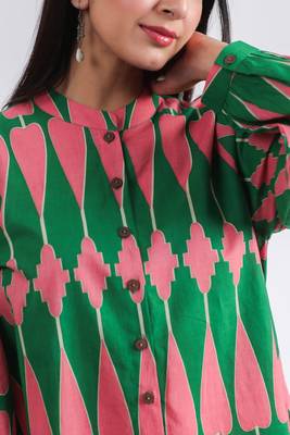 Casual mandarin collar green pink printed cotton shirt 2