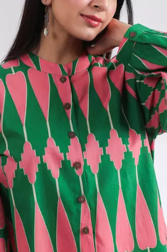 Casual mandarin collar green pink printed cotton shirt