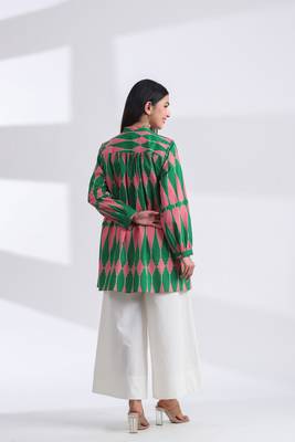 Casual mandarin collar green pink printed cotton shirt 4