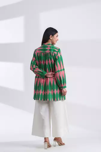 Casual mandarin collar green pink printed cotton shirt