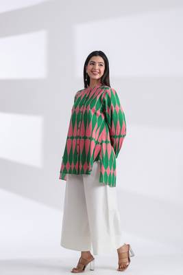 Casual mandarin collar green pink printed cotton shirt 5