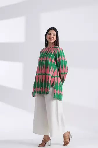 Casual mandarin collar green pink printed cotton shirt