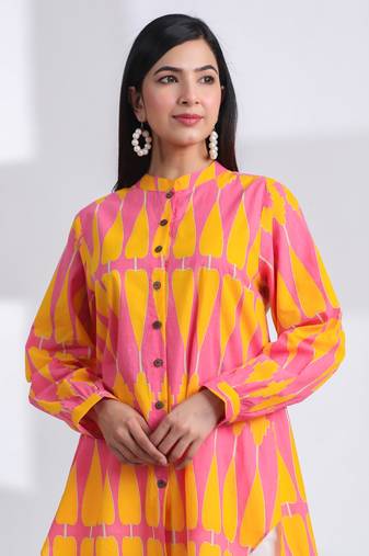 Casual mandarin collar yellow pink printed cotton shirt