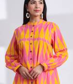 Casual mandarin collar yellow pink printed cotton shirt
