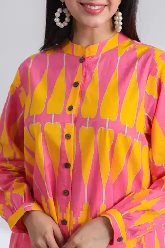 Casual mandarin collar yellow pink printed cotton shirt