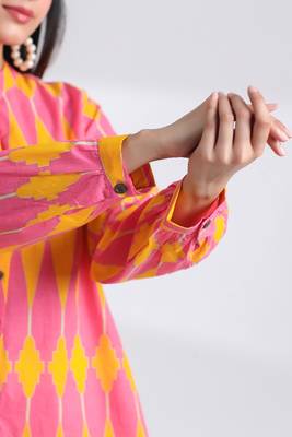 Casual mandarin collar yellow pink printed cotton shirt 3