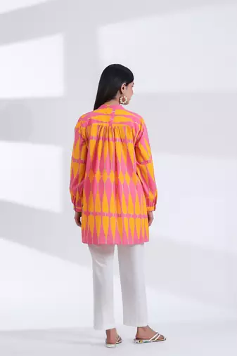 Casual mandarin collar yellow pink printed cotton shirt