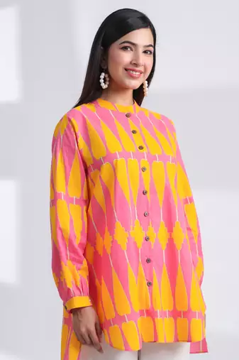 Casual mandarin collar yellow pink printed cotton shirt