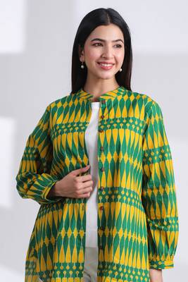 Casual mandarin collar yellow green printed cotton shirt 1