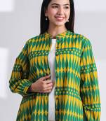 Casual mandarin collar yellow green printed cotton shirt
