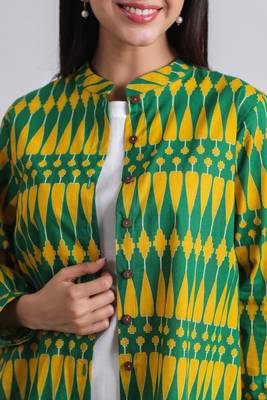 Casual mandarin collar yellow green printed cotton shirt 2