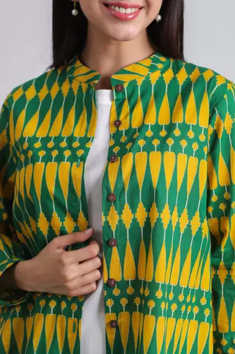 Casual mandarin collar yellow green printed cotton shirt