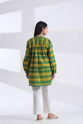 Casual mandarin collar yellow green printed cotton shirt 4