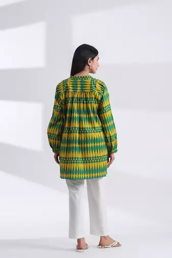 Casual mandarin collar yellow green printed cotton shirt
