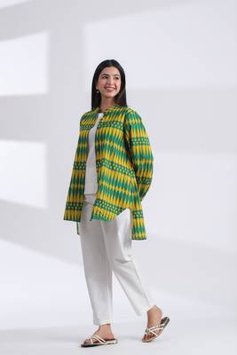 Casual mandarin collar yellow green printed cotton shirt 5