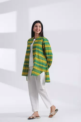Casual mandarin collar yellow green printed cotton shirt