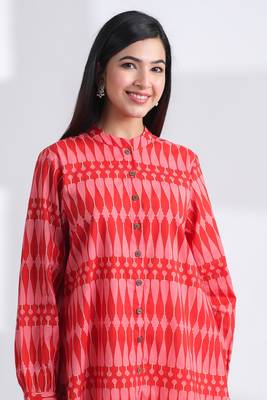 Casual mandarin collar red pink printed cotton shirt 1