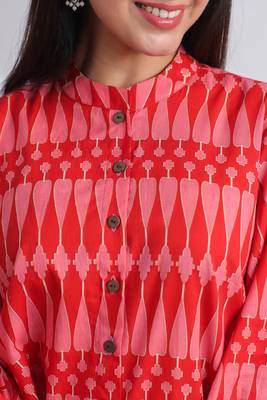 Casual mandarin collar red pink printed cotton shirt 2
