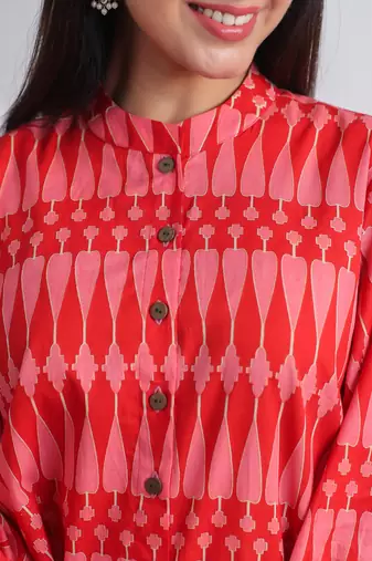 Casual mandarin collar red pink printed cotton shirt
