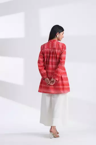 Casual mandarin collar red pink printed cotton shirt