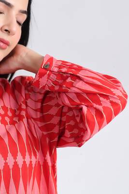 Casual mandarin collar red pink printed cotton shirt 4