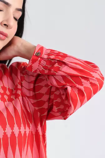 Casual mandarin collar red pink printed cotton shirt