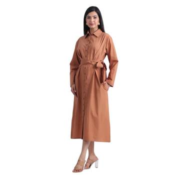 Brown flare full sleeves pure cotton long maxi shirt dress with belt 1