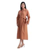 Brown flare full sleeves pure cotton long maxi shirt dress with belt