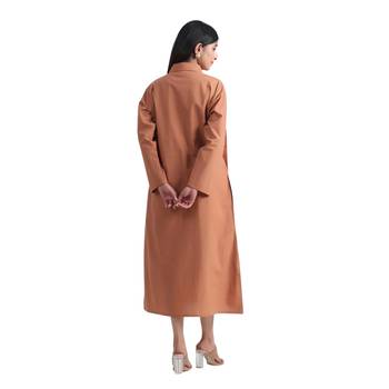 Brown flare full sleeves pure cotton long maxi shirt dress with belt 2