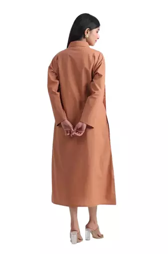 Brown flare full sleeves pure cotton long maxi shirt dress with belt