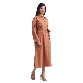 Brown flare full sleeves pure cotton long maxi shirt dress with belt 3