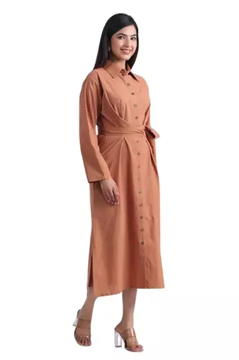 Brown flare full sleeves pure cotton long maxi shirt dress with belt
