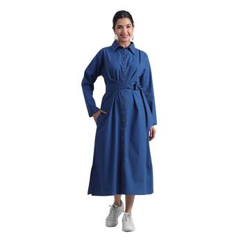 Indigo flare full sleeves pure cotton long maxi shirt dress with belt 1