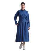 Indigo flare full sleeves pure cotton long maxi shirt dress with belt
