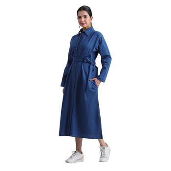 Indigo flare full sleeves pure cotton long maxi shirt dress with belt 2