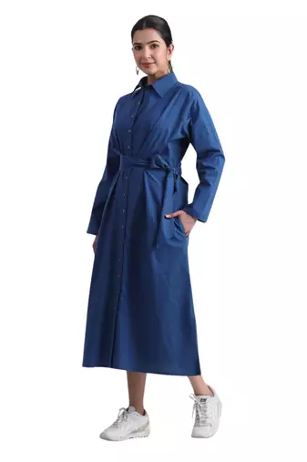 Indigo flare full sleeves pure cotton long maxi shirt dress with belt