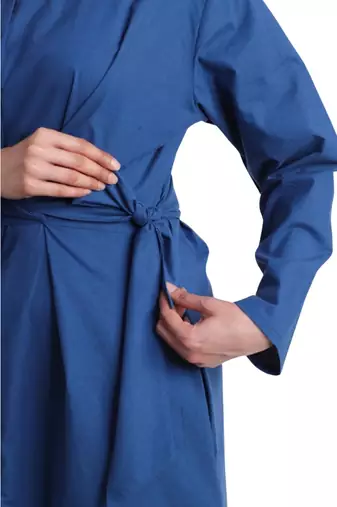 Indigo flare full sleeves pure cotton long maxi shirt dress with belt