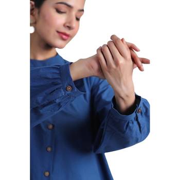 Indigo flare full sleeves pure cotton long maxi shirt dress with belt 4